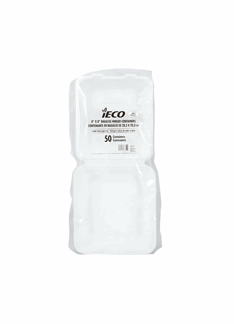 Container Hinged 8×8″/9×9″ Bagasse – White Square Lid (100/Case) - Arcapack