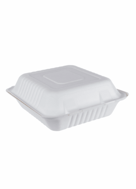 Container Hinged 8×8″/9×9″ Bagasse – White Square Lid (100/Case) - Arcapack