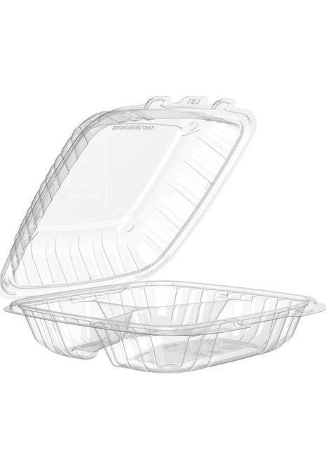 Container 3-Compartment PP Plastic Hinged – 9" Clear (150/Case) - Arcapack