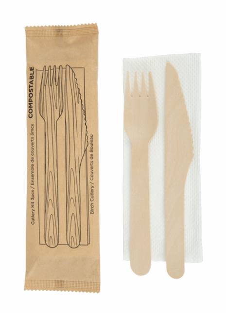 Cutlery Kit, Birch Wood Natural – Individually Wrapped 3-Piece Set (250/Case) - Arcapack