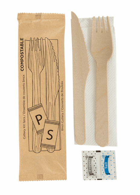 Cutlery Kit, Birch Wood Natural – Individually Wrapped 5-Piece Set (250/Case) - Arcapack