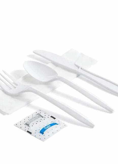 Cutlery Kit 6-in-1 PP – White Medium-Weight (2.5 g) Fork, Knife, Spoon + Napkin, Salt & Pepper (500/Case)