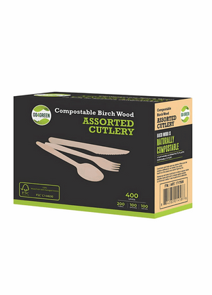 Cutlery, Birch Wood – Assorted Forks, Spoons & Knives (400/Pack) - Arcapack