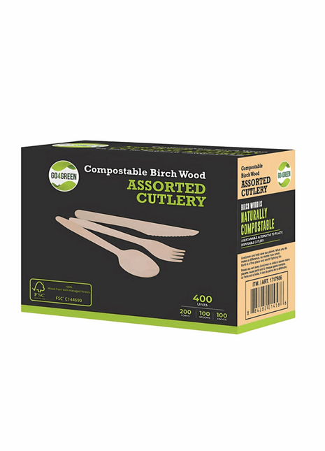 Cutlery, Birch Wood – Assorted Forks, Spoons & Knives (400/Pack) - Arcapack