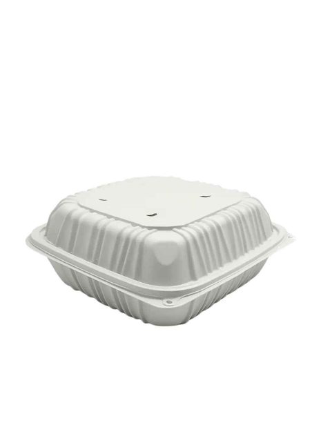 Hinged TakeOut Container 8.4x8.7x3.1" MFPP – White Square (146/Case)