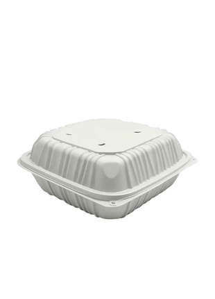 Hinged TakeOut Container 8.4x8.7x3.1" MFPP – White Square (146/Case)