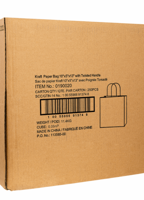 Kraft Paper Shopping Bag with Twisted Handle – Brown 10" x 5" x 13"(250/Case)