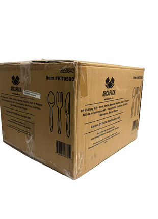 Cutlery Kit 6-in-1 PP – White Medium-Weight (2.5 g) Fork, Knife, Spoon + Napkin, Salt & Pepper (500/Case)