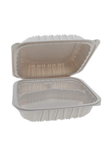 Vented 3-Compartment Hinged Lid Container – 8.5" x 8.5", MFPP, White (146/Case) - Arcapack