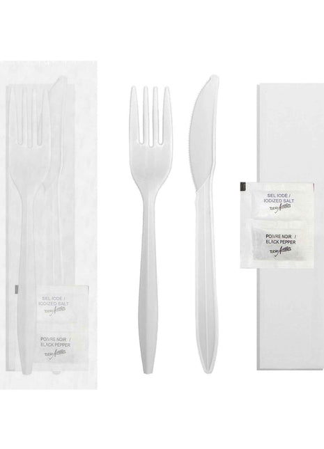 Cutlery Kit, White Plastic - Individually Wrapped 5-Piece Set (500/Case)