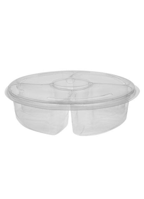 Round Platter with Dip Cup & Lid – 10.25", 4-Compartment, PET, Clear (72/Case) - Arcapack
